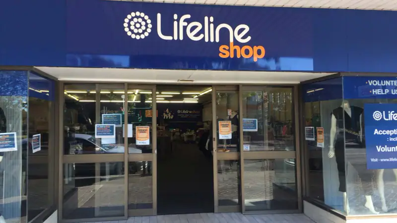 The Lifeline Corrimal Shop seen from the street, with the Lifeline Shop sign above the entrance
