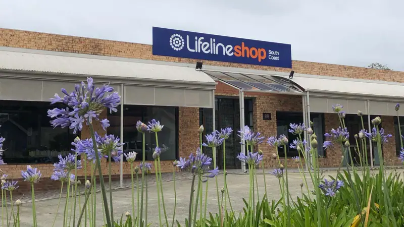 The Lifeline Nowra Shop seen from the car park, with the Lifeline Shop South Coast sign above the entrance